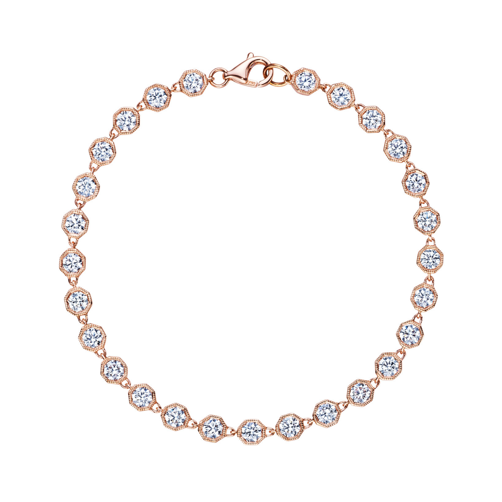 Introducing the Milgrain Hexagon Bezel Set Garland Bracelet: an elegant 18k gold diamond bracelet featuring a continuous row of round, clear gemstones, each exquisitely set within individual hexagon bezel mounts accented by delicate milgrain detailing and finished with a secure clasp. This sophisticated piece blends timeless style with exceptional craftsmanship.