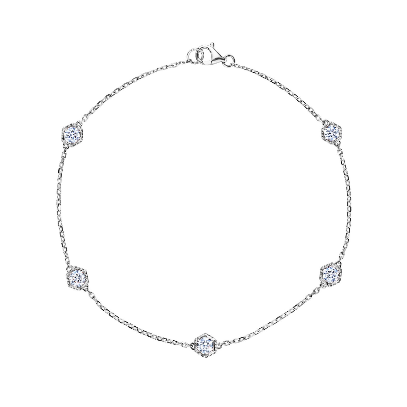 The Serpentine Station Bracelet with Hexagon Bezel Set Diamonds showcases five round-cut diamonds, each elegantly set in hexagonal bezels along a delicate silver chain and secured with a lobster claw clasp—an effortlessly timeless station bracelet for any occasion.