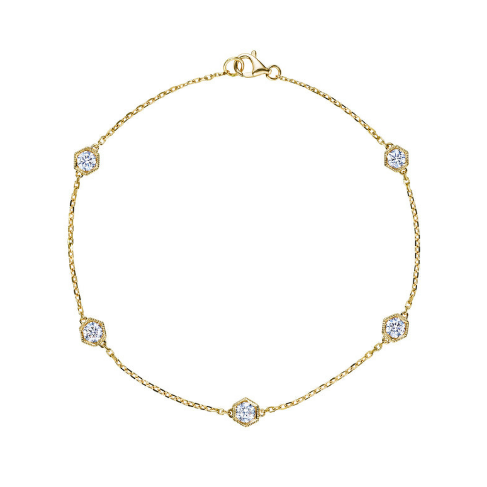 The Serpentine Station Bracelet showcases five round diamonds, each bezel set in a hexagonal 18K gold station and finished with a petite clasp for an elegantly refined touch.