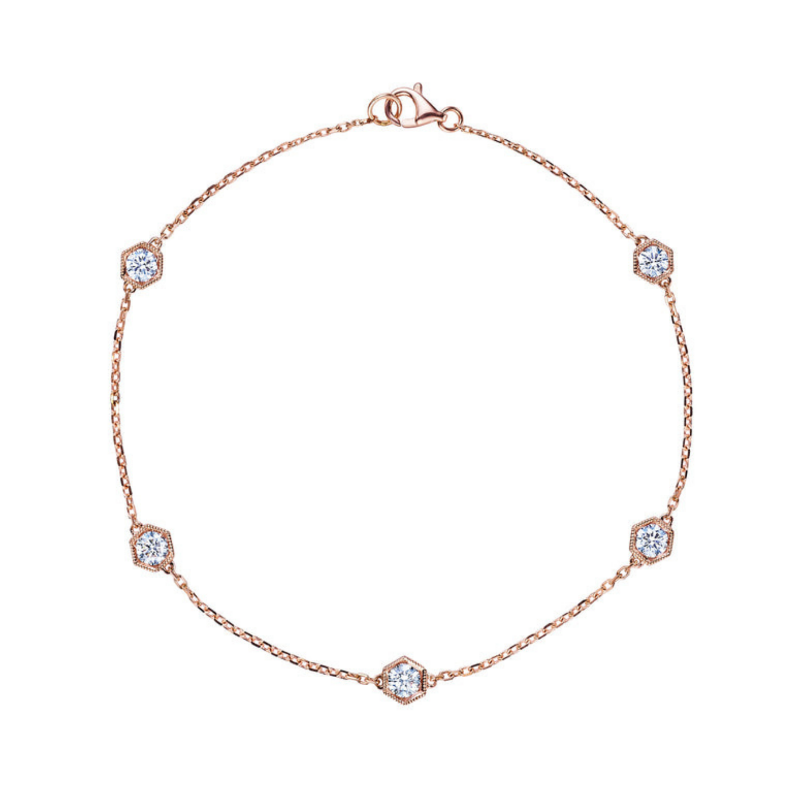 Serpentine Station Bracelet with Hexagon Bezel Set Diamonds—an elegant 18K gold bracelet showcasing five evenly spaced round diamond-like stones, each set within sleek hexagonal bezels, presented on a white background for a modern update to the classic diamond station style.
