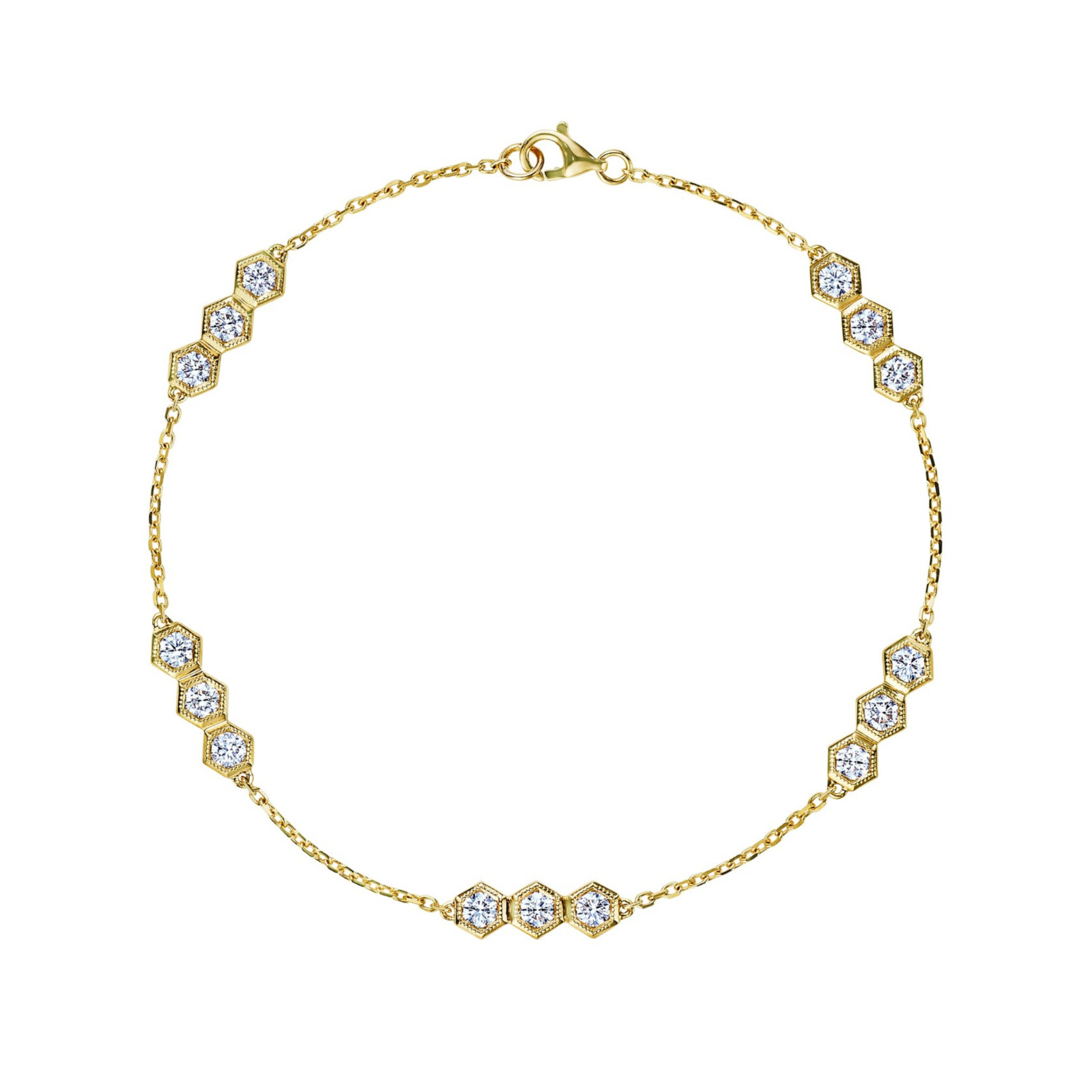 Introducing the Serpentine Station Bracelet with Hexagon Diamond Trios: an exquisite 18k gold bracelet featuring petite hexagonal settings, each housing a trio of sparkling round brilliant diamonds with SI1-SI2 clarity, gracefully spaced along the chain.