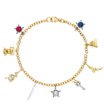 America250 Ruby, Pearl, Sapphire, and Diamond Charm Bracelet in Yellow Gold, featuring seven unique handcrafted charms—including stars adorned with colored gems, a bird, a wand, a lightning bolt, and a wizard’s hat—arranged beautifully in a circle on a white background. Handcrafted in New York City.