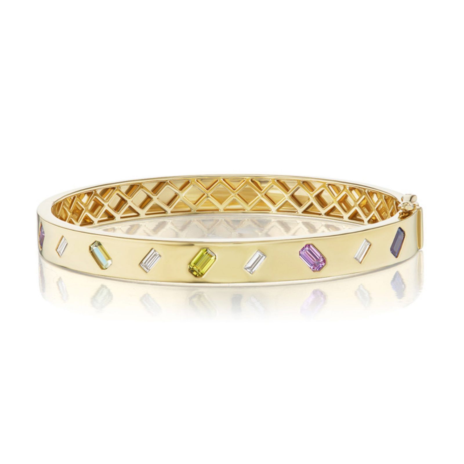Introducing the Mixed Shape Diamond and Multicolor Sapphire Bangle: a luxurious 18k yellow gold bracelet featuring a geometric lattice interior and an artful array of rectangular gemstones, including baguette cut diamonds and emerald cut sapphires, set across its surface.