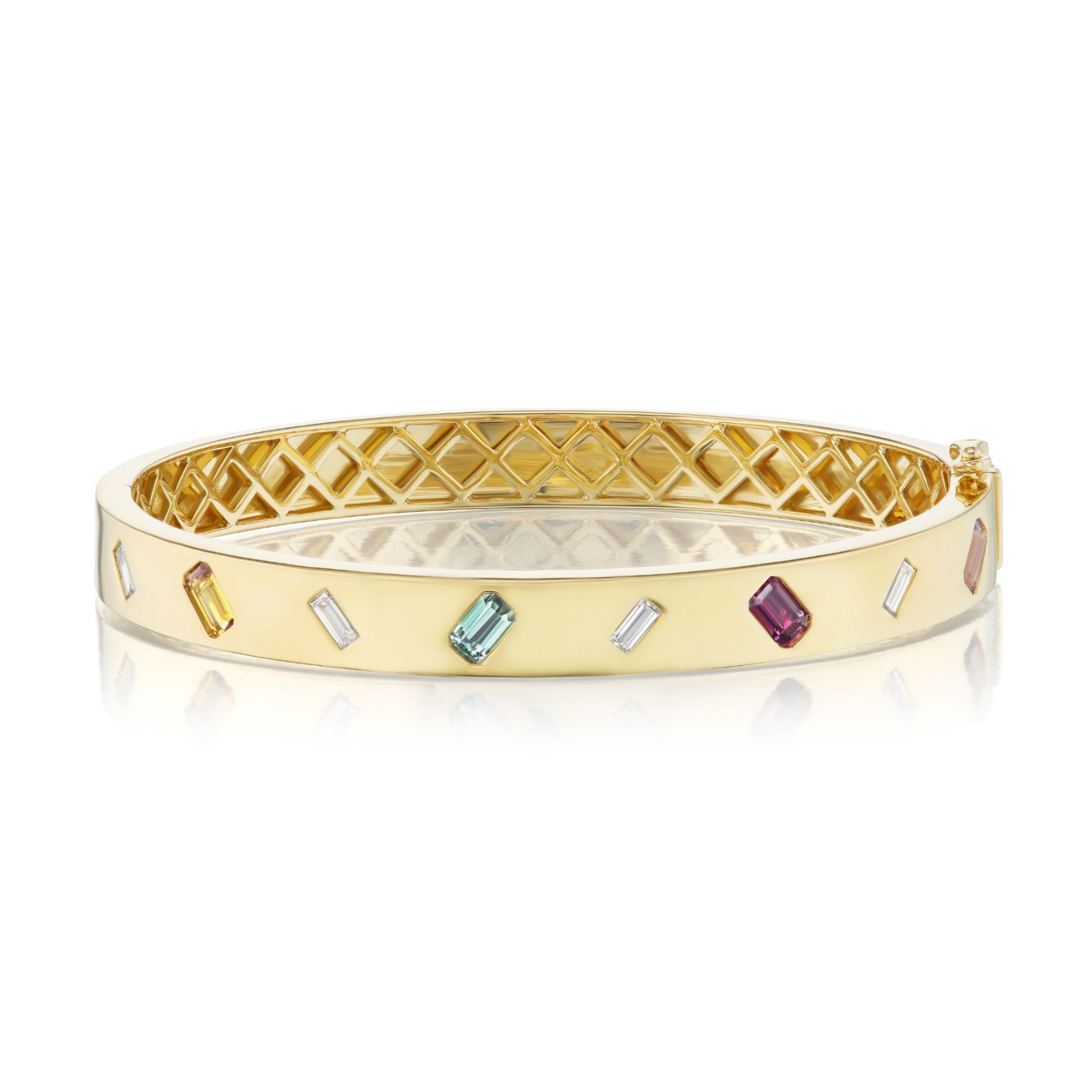Introducing the Baguette Diamond and Dark Multicolor Emerald Cut Sapphire Bangle: an 18k yellow gold bangle showcasing a lattice interior, adorned with baguette cut diamonds and richly colored emerald cut sapphires arranged around the exterior.