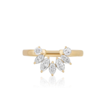 The Marquise and Round Diamond Ring Jacket in Yellow Gold showcases five marquise diamonds and two round diamonds arranged in a fan shape on the front, presented against a white background.