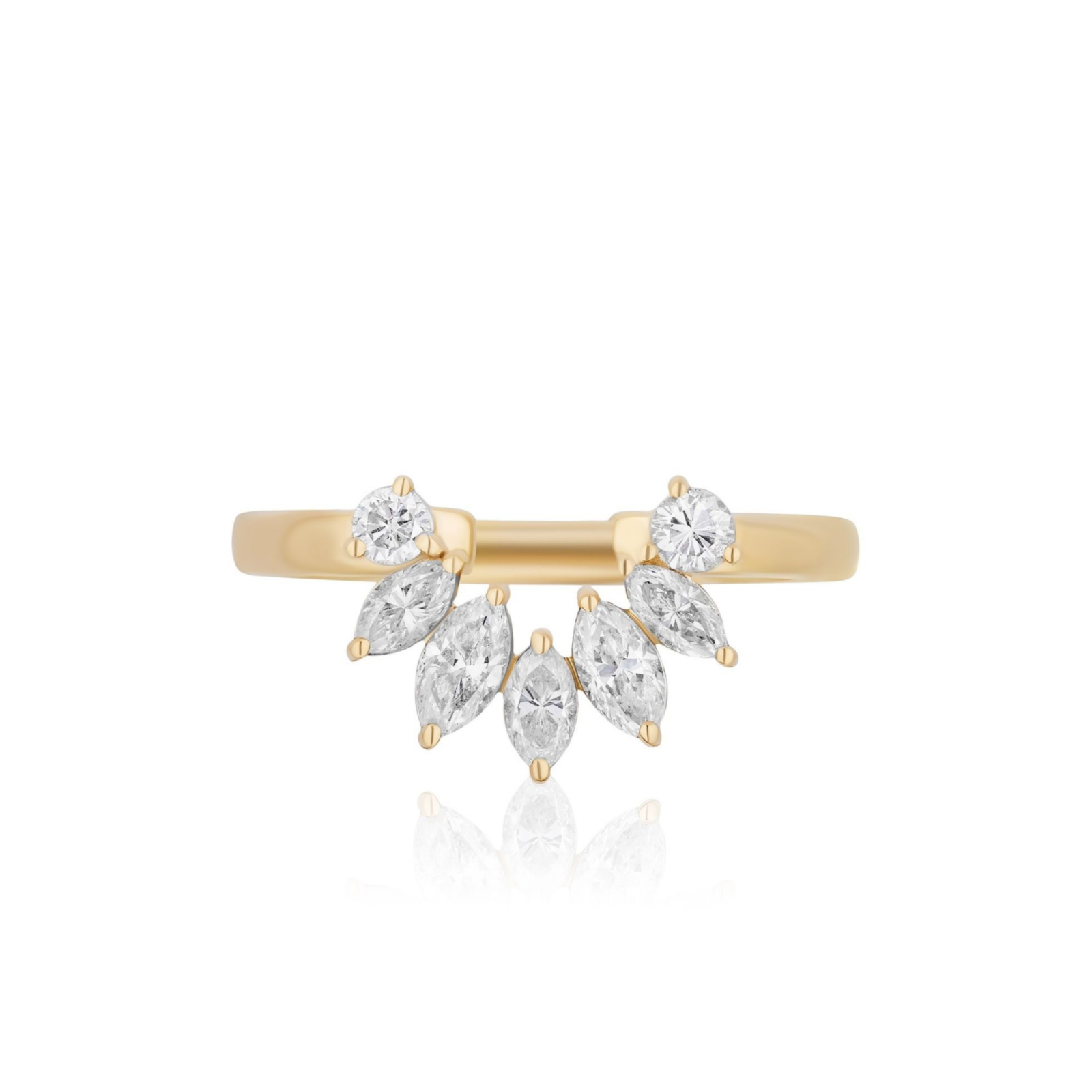 The Marquise and Round Diamond Ring Jacket in Yellow Gold showcases five marquise diamonds and two round diamonds arranged in a fan shape on the front, presented against a white background.