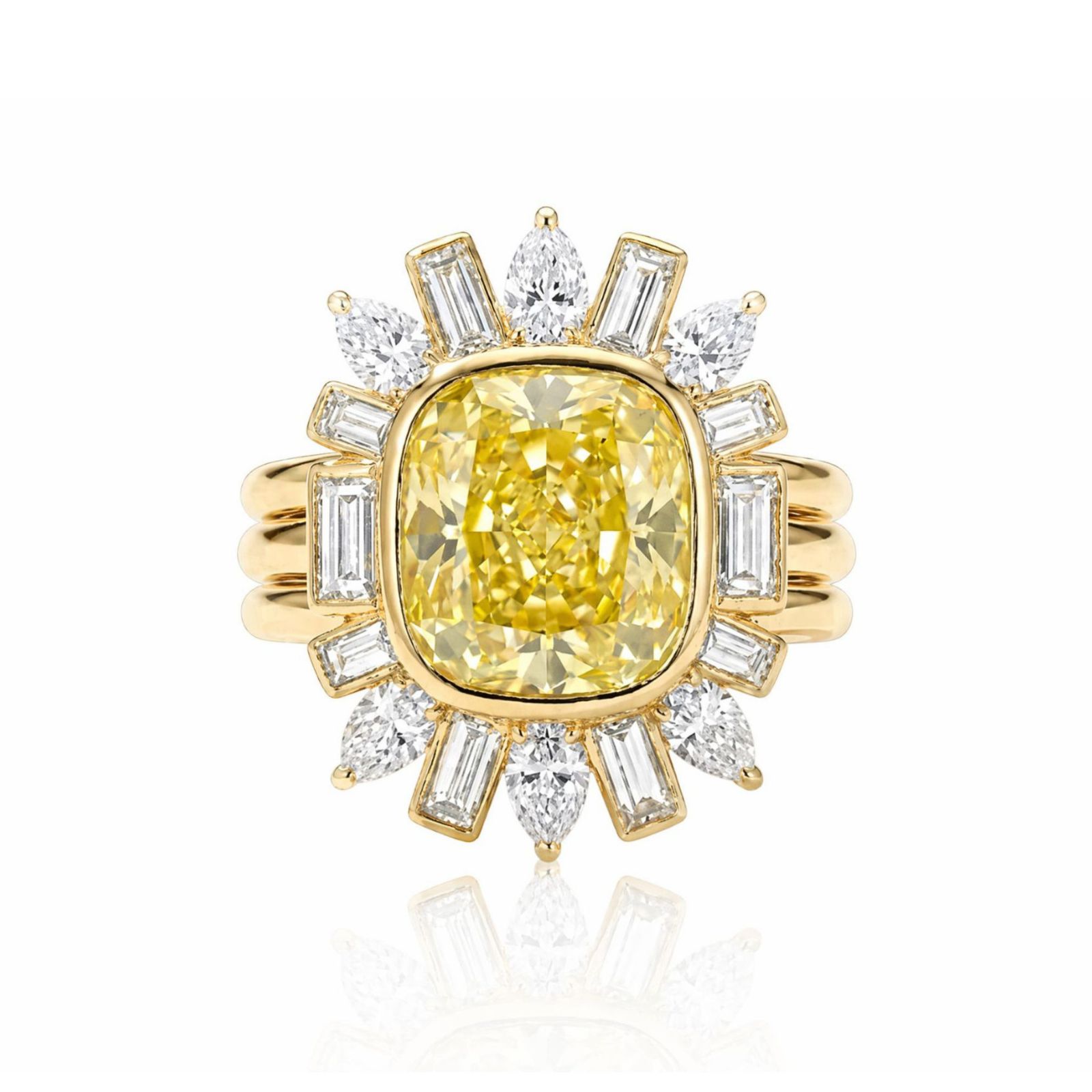 Introducing the Bezel Set Cushion Cut Yellow Diamond Ring Jacket with Pear and Emerald Cut Side Stones, showcasing a striking cushion-cut yellow diamond at its center, accented by alternating pear-shaped and emerald-cut white diamonds in a radiant sunburst design.