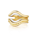 A Single and Double Band Contour Ring Jacket in Yellow Gold featuring wavy, overlapping 18k yellow gold and silver bands that create an abstract, lip-like design. Set against a white background, its sleek silhouette accentuates the ring’s modern elegance.