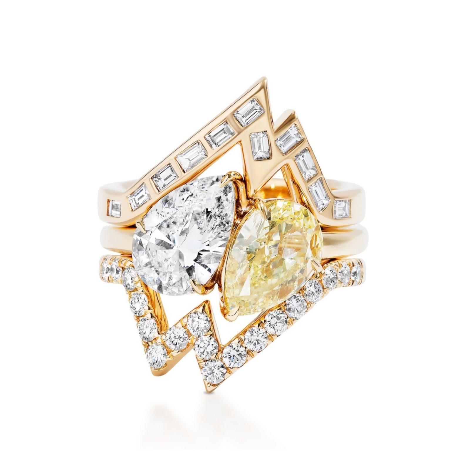Elevate your look by pairing this gold ring—showcasing two prominent pear-shaped diamonds, one white and one yellow, encircled by geometric bands adorned with small round and baguette diamonds—with the Baguette and Round Diamond Ring Jacket in Yellow Gold for a truly striking statement.