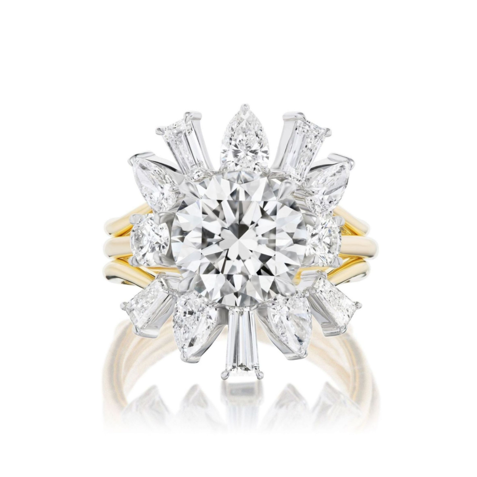 The Confetti Diamond Ring Jacket in White and Yellow Gold features a stunning gold ring with a striking round center diamond, encircled by a radiant halo of baguette, pear, and marquise diamonds set in white metal prongs. The addition of the distinctive ring jacket beautifully accentuates the brilliance of the design and brings a modern flair to the timeless yellow gold band.
