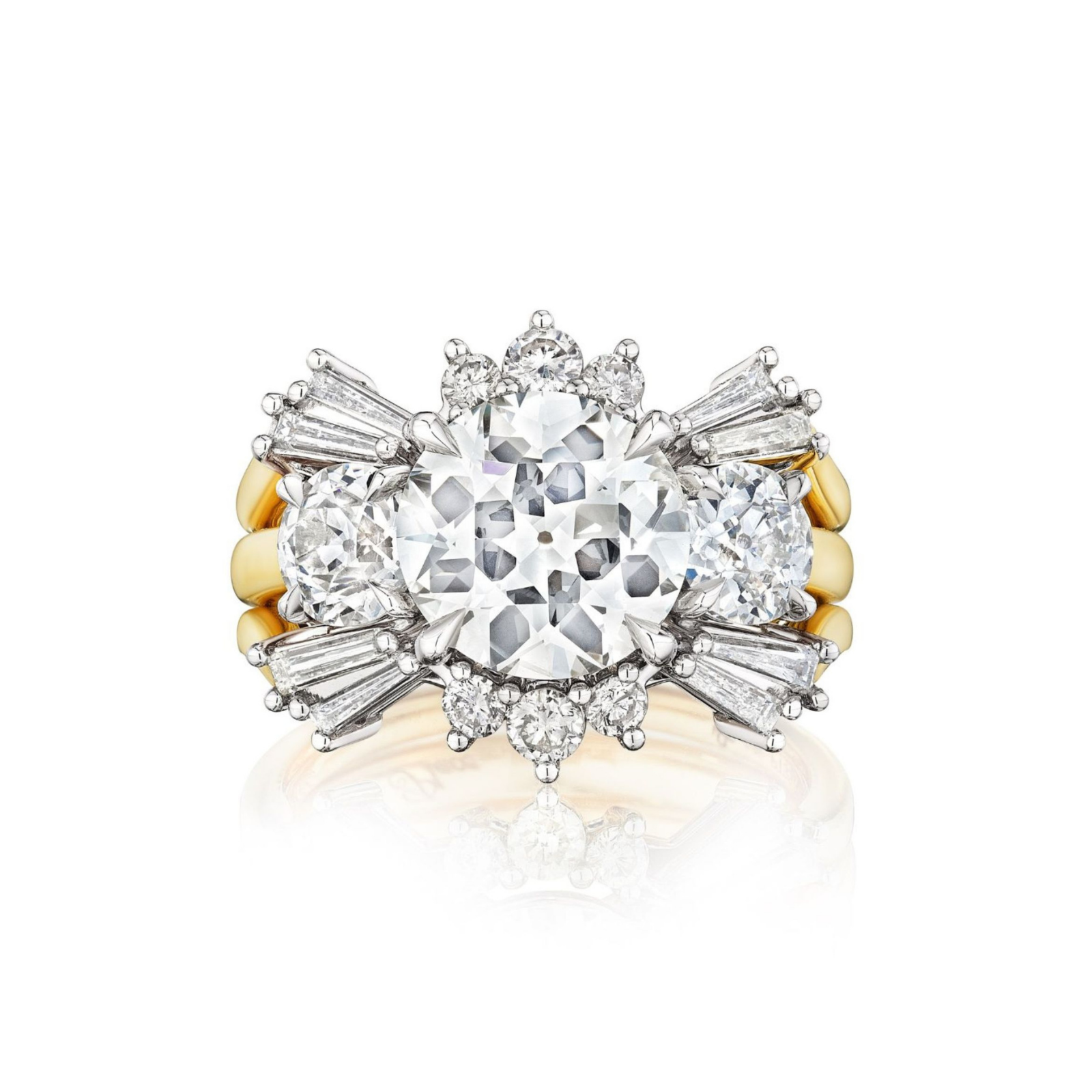 A Round and Tapered Baguette Diamond Ring Jacket in yellow gold, featuring a combination of round and tapered baguette diamonds set in an intricate, floral-inspired cluster design.