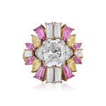 A ring jacket crafted in rose gold, featuring a large central diamond accented by mixed shape yellow diamonds and pink sapphires, arranged in a flower-like design.