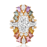 Showcasing a dazzling large oval diamond at its center, this ornate ring is encircled by multicolor tapered baguette sapphires and round diamonds arranged in a radiant pattern, all set in gold and silver with the addition of a striking Multicolor Tapered Baguette Sapphire and Round Diamond Ring Jacket in Yellow Gold.