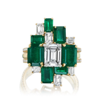 Introducing the Geometric Emerald Cut Emerald and Diamond Ring Jacket in Yellow Gold with Pavé Band, showcasing an intricate arrangement of rectangular emerald cut emeralds and diamonds set in a geometric pattern along the pavé diamond band.