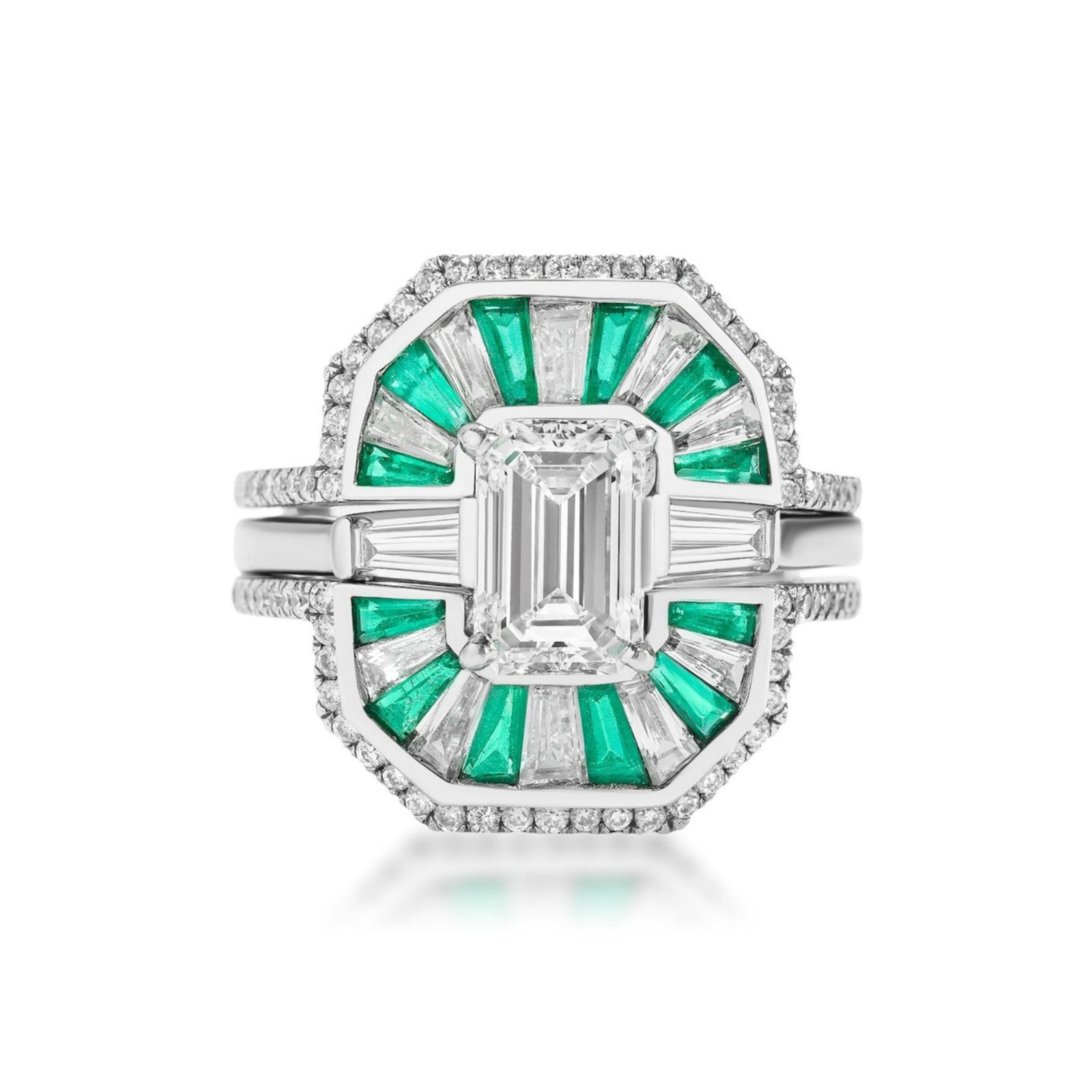 Introducing the Mosaic Tapered Baguette Emerald and Diamond Ring Jacket in White Gold, featuring a large rectangular central diamond set in a geometric design with green baguette emeralds and clear baguette-cut stones, complemented by a striking double band and paired with a pavé diamond band for added brilliance.