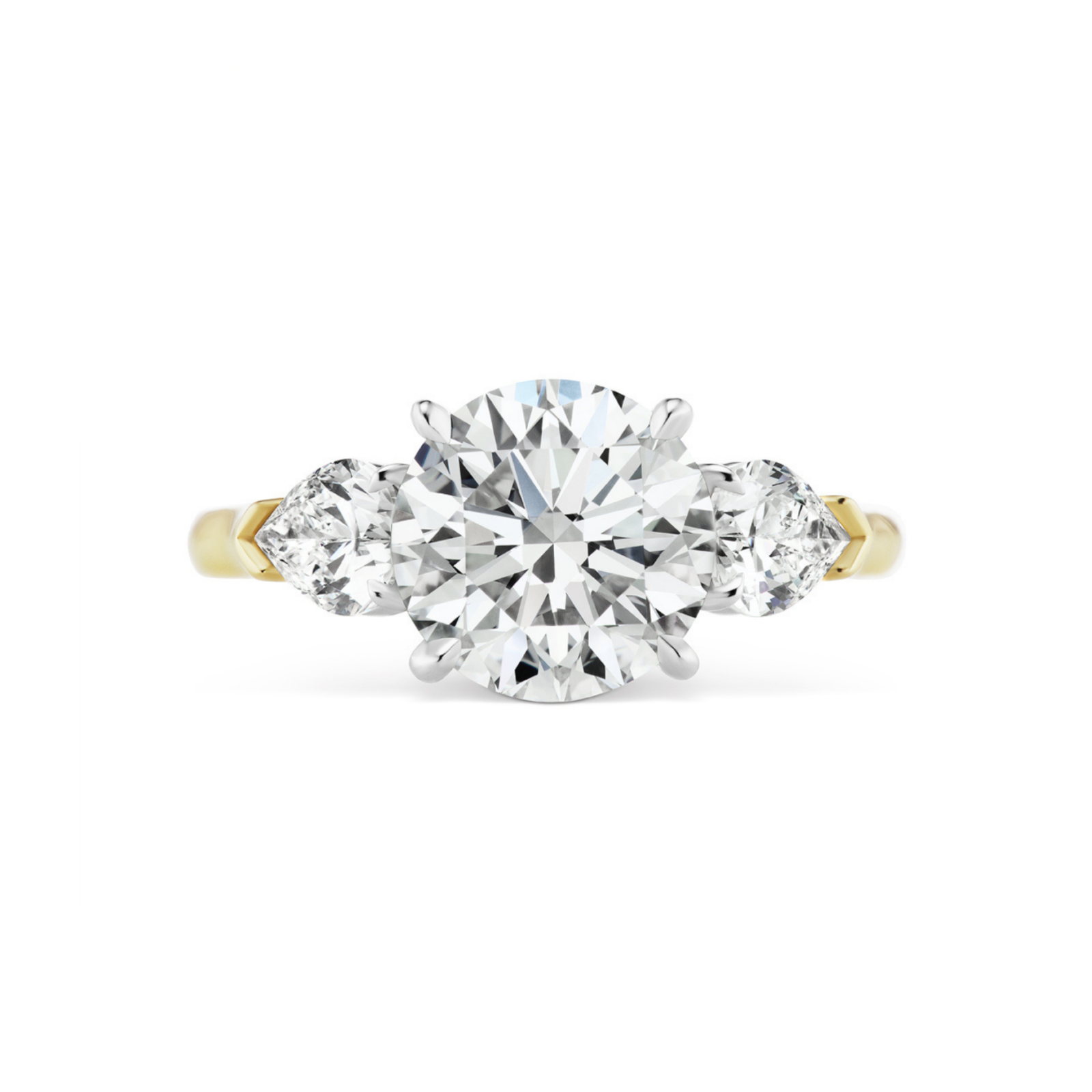 A round brilliant diamond engagement ring featuring a stunning three-stone design, showcasing a large round center diamond accented by two heart-shaped side stones.