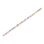 Introducing the Chroma Kaleidoscope Mixed Shape Sapphire Tennis Bracelet in Yellow Gold, a captivating 18k yellow gold piece featuring an array of vibrantly colored sapphires—including pink, blue, yellow, and purple—in a striking mix of shapes. Expertly arranged in a repeating pattern along the bracelet’s length, this exquisite design adds a lively and elegant flair to any look.