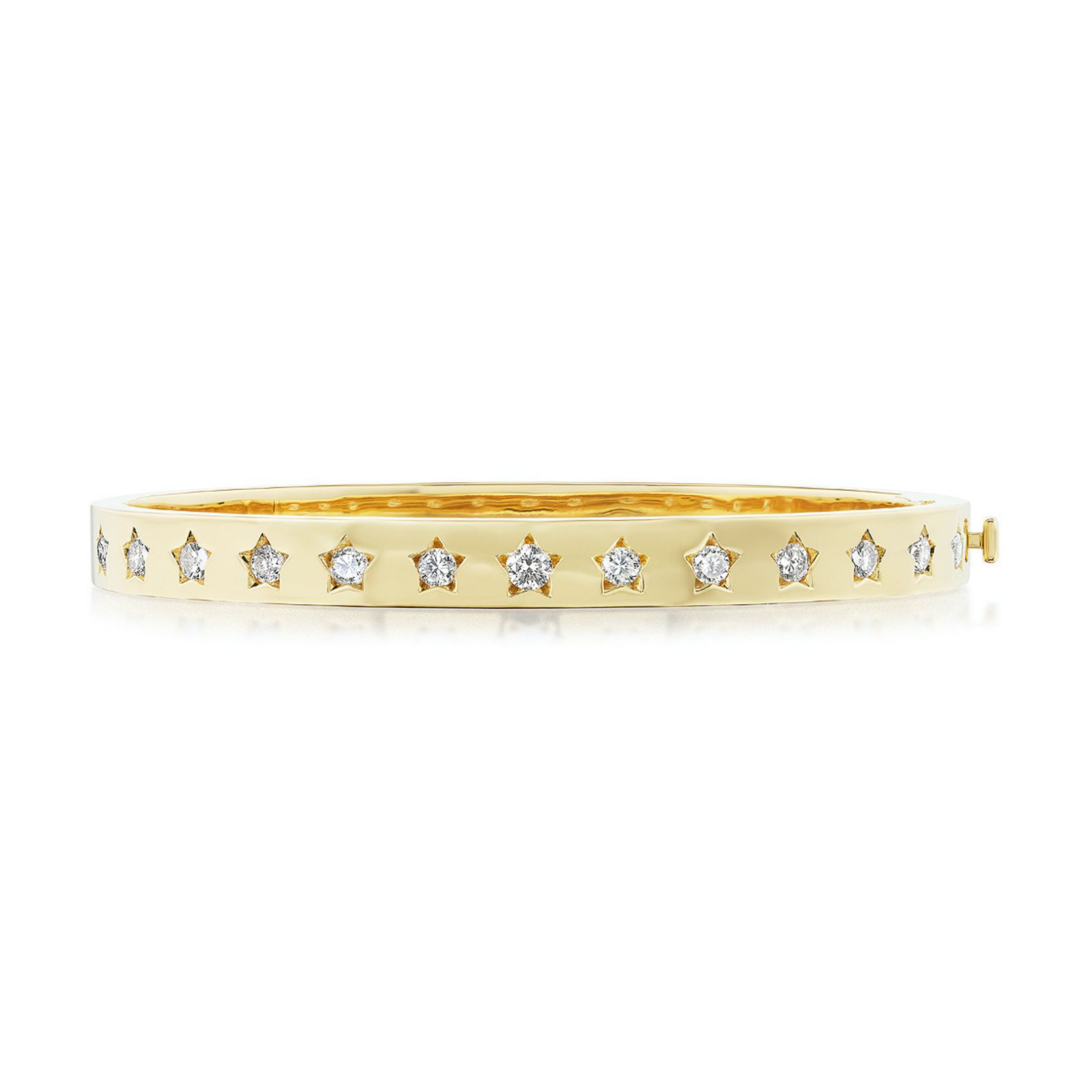 The Celestial Seeing Stars Diamond Bangle, crafted in 18k gold, showcases evenly spaced star-shaped diamond settings along its surface and is displayed against a white background.