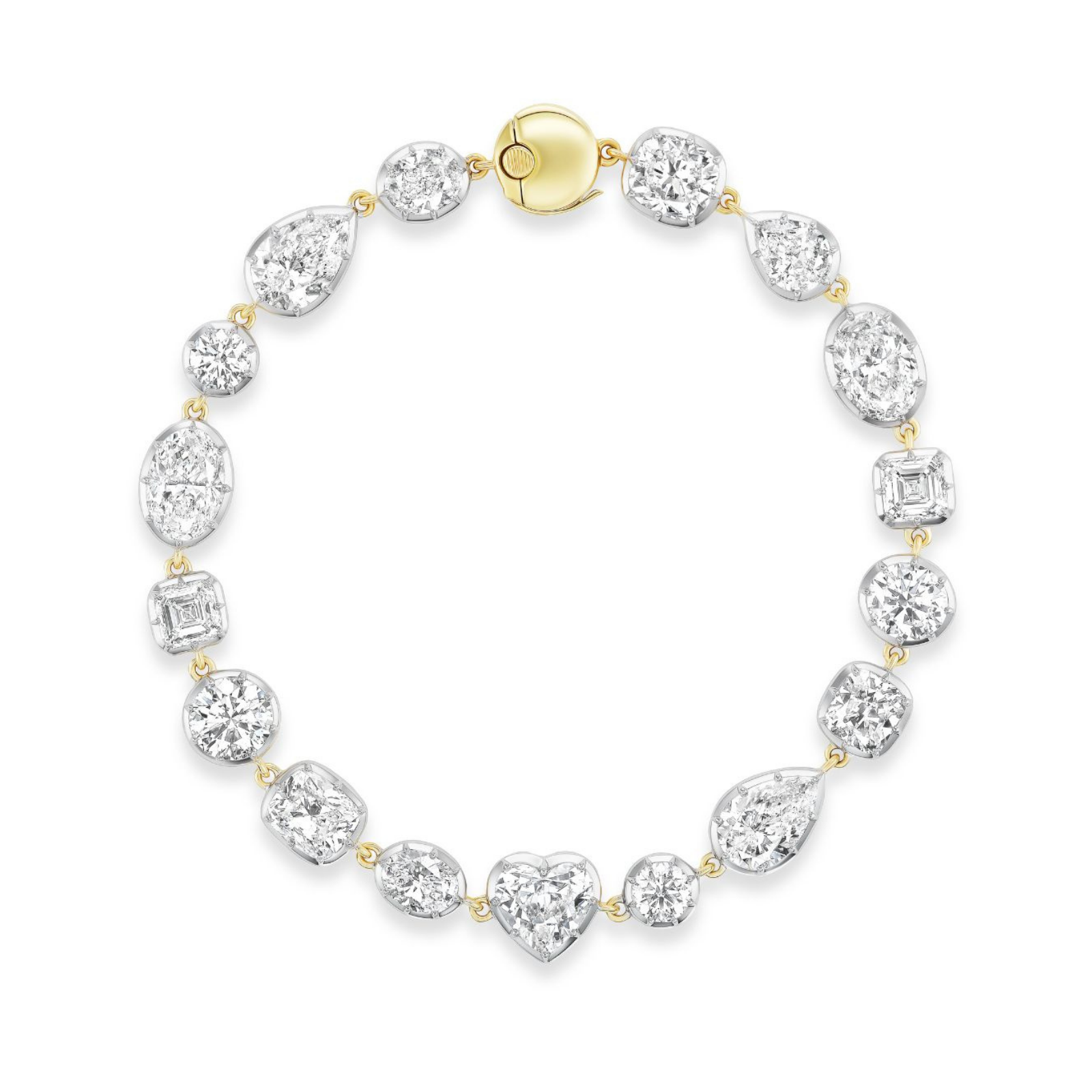 The Mixed Shape Collet Set Diamond Tennis Bracelet in White Gold features a dazzling array of large diamonds in round, oval, pear, square, and heart shapes, artfully arranged along elegant white gold links. Finished with a polished oval-shaped clasp, this exquisite bracelet showcases the brilliance of mixed shape diamonds in a striking design.