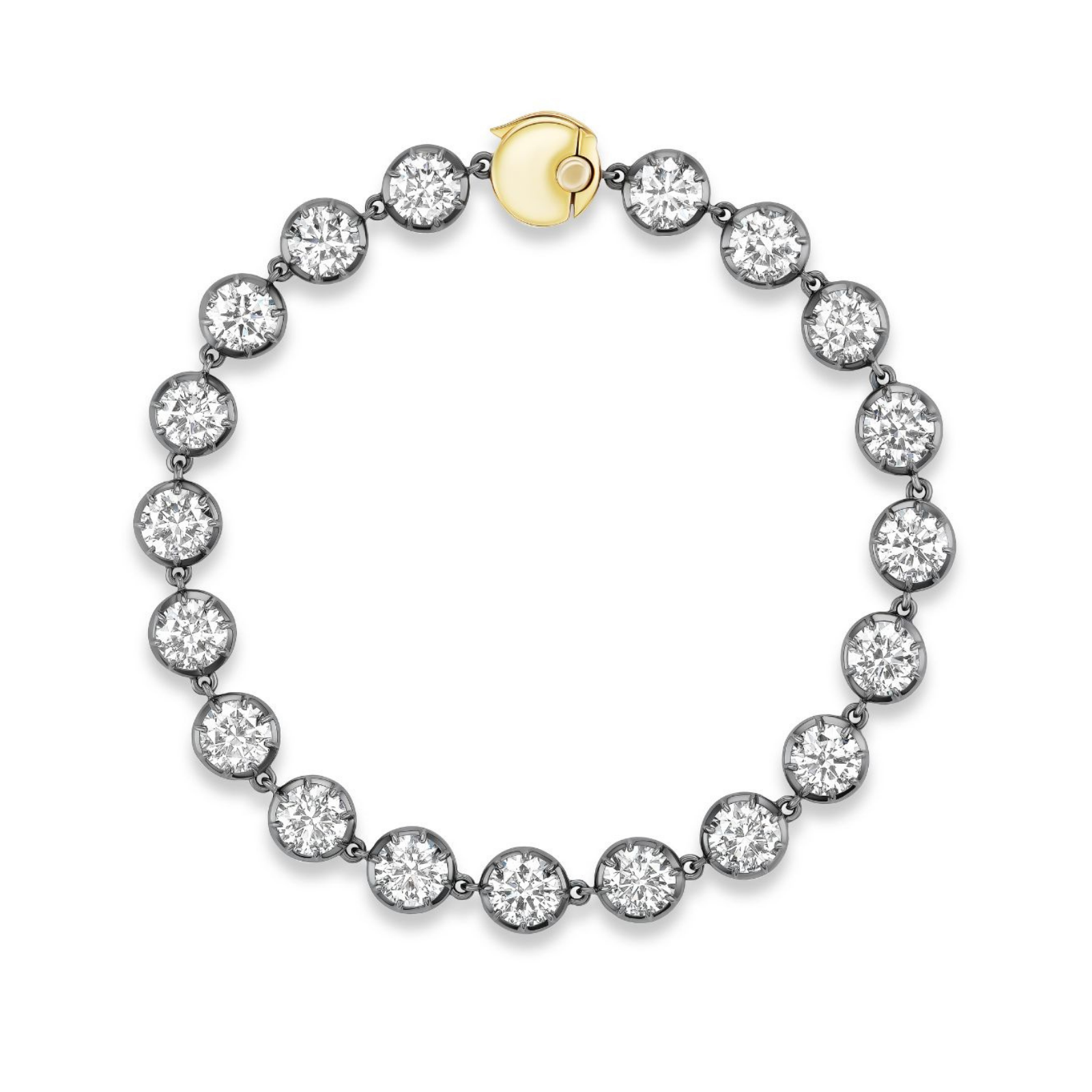 The Collet Set Round Diamond Tennis Bracelet in Black Rhodium showcases brilliant round diamonds set in silver bezels with a hint of black rhodium, elegantly finished with an 18k yellow gold clasp and displayed on a white background.