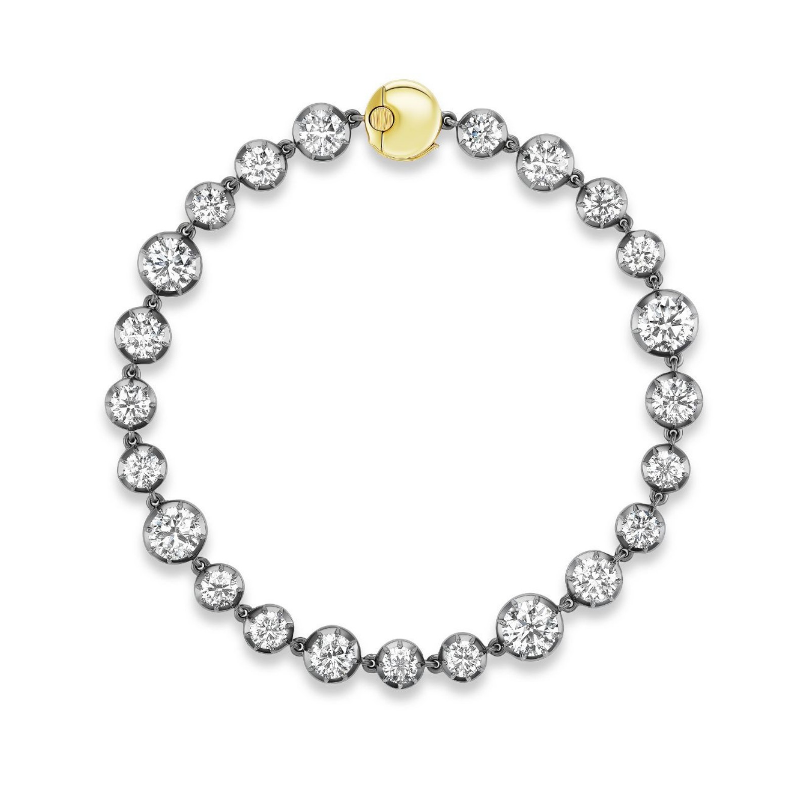 A Collet Set Round Diamond Bracelet in Black Rhodium, featuring sparkling, evenly spaced round diamonds set along a sleek black rhodium band, displayed on a white background.