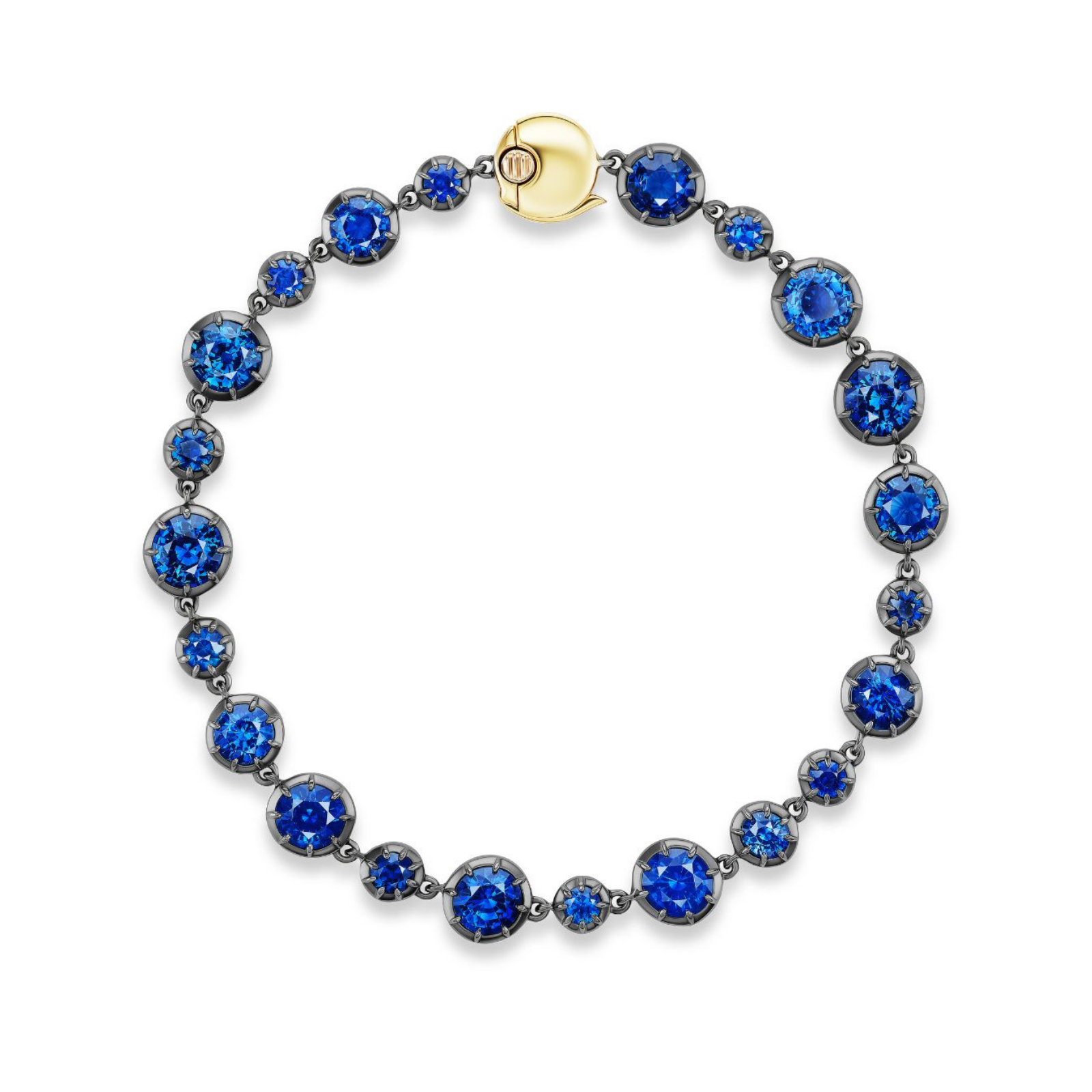 The Collet Set Graduating Blue Sapphire Bracelet in Black Rhodium showcases round blue sapphires in graduated sizes, beautifully arranged in a symmetrical circle and set in striking black rhodium.