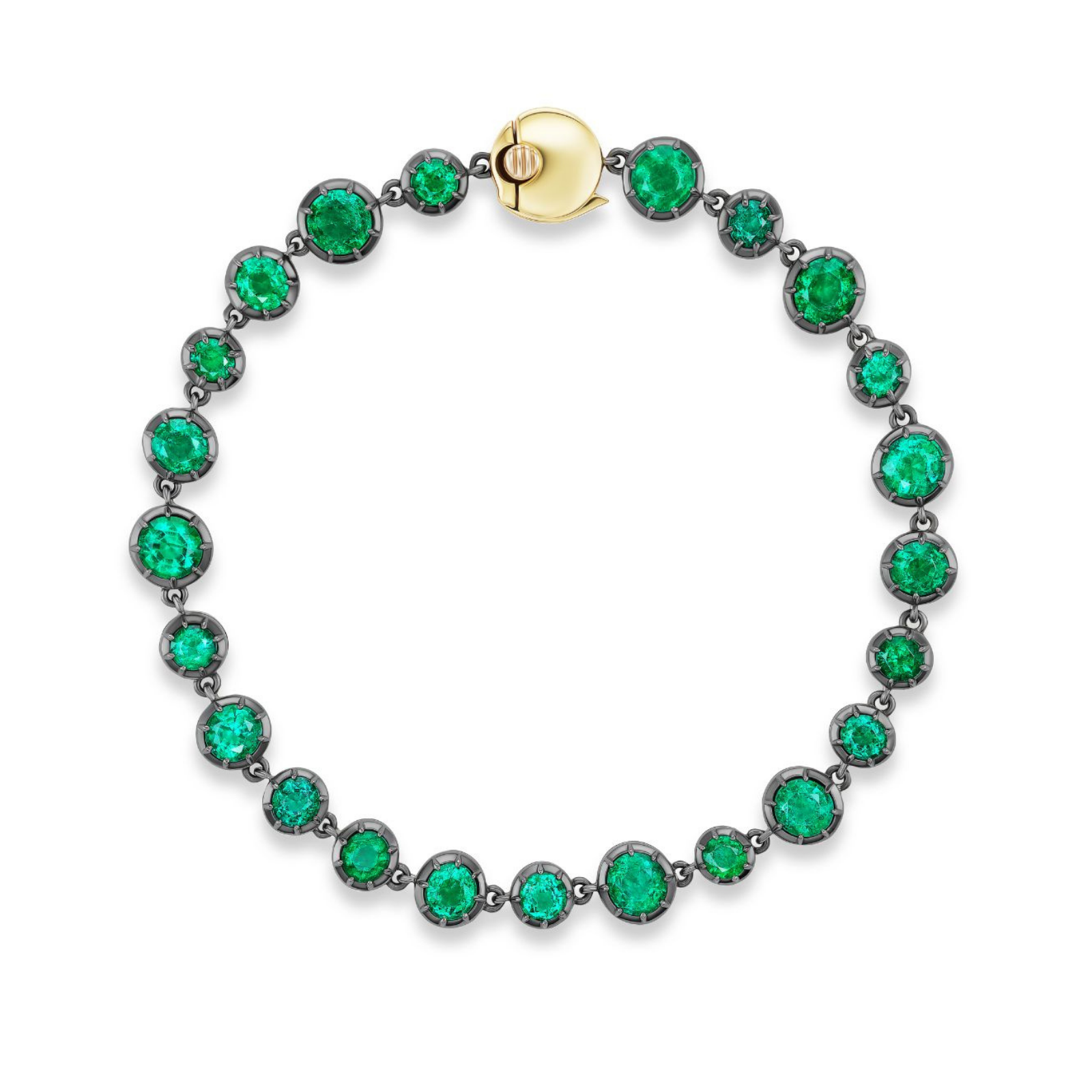 The Collet Set Graduating Round Emerald Bracelet in Black Rhodium, featuring round emeralds set in dark metal with black rhodium plating and finished with an 18k yellow gold clasp, is arranged in a circle on a white background.