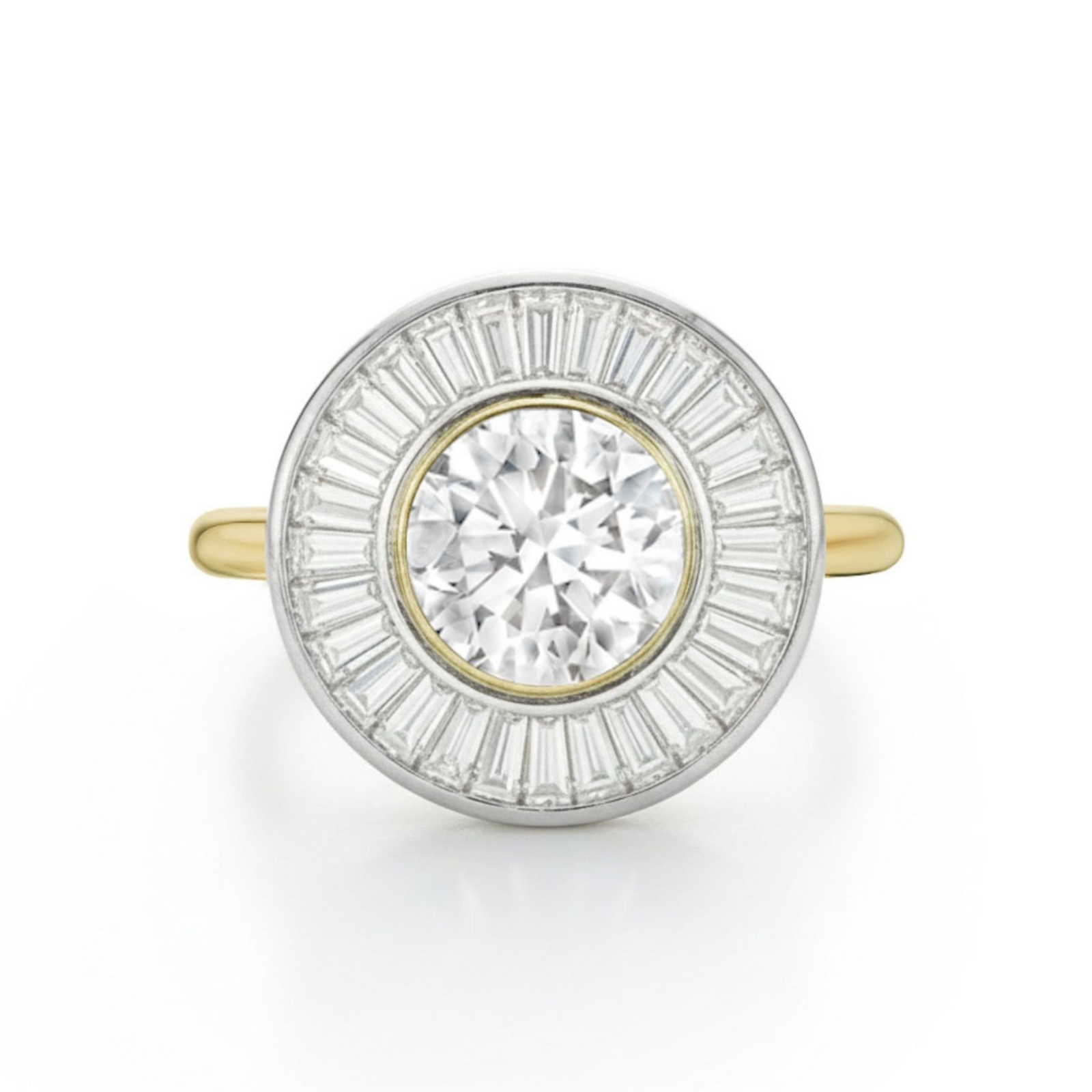 A Round Diamond and Channel Set Tapered Baguette Diamond Halo Engagement Ring in Yellow Gold, featuring a central round diamond encircled by a halo of smaller channel-set tapered baguette diamonds.