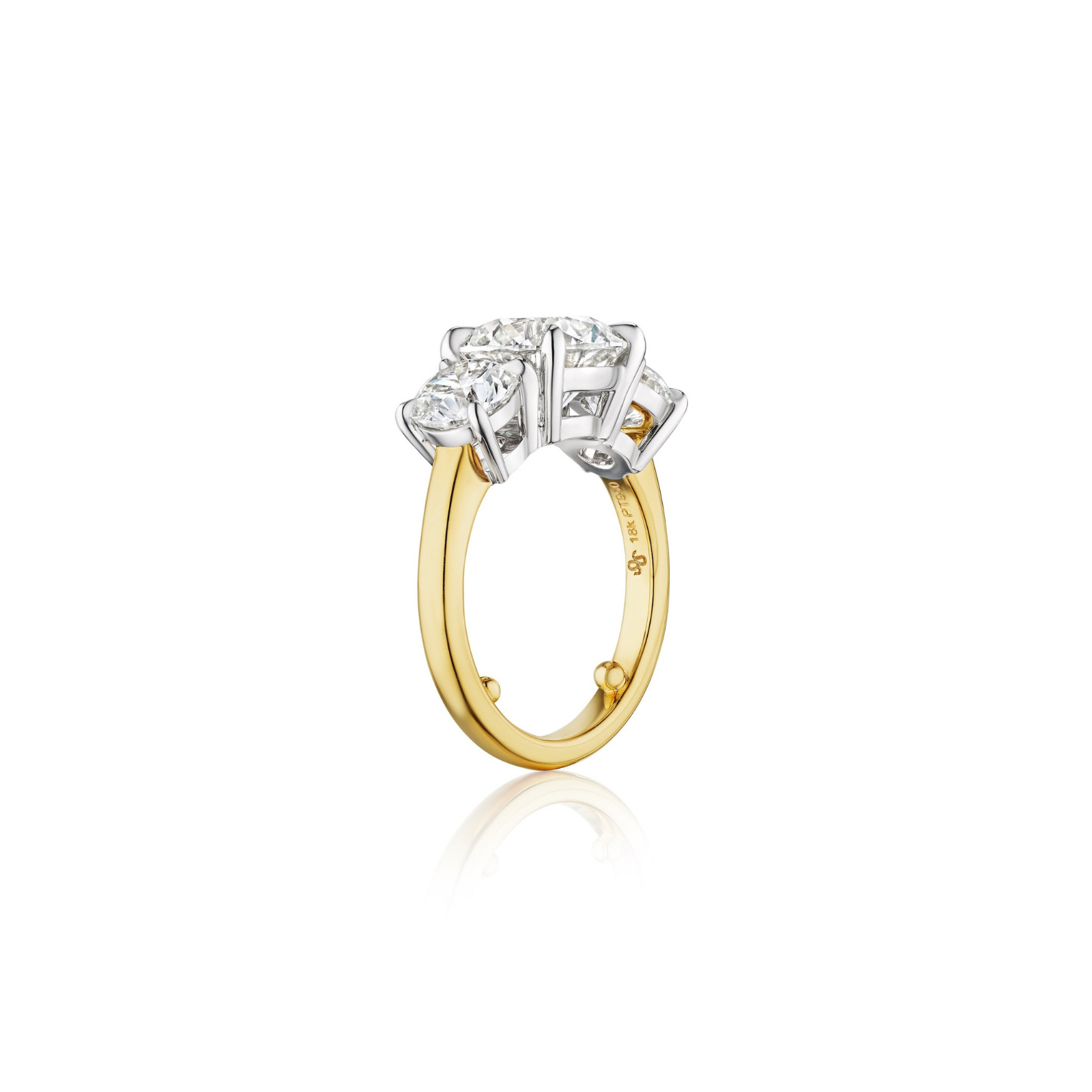 Diamond Engagement Ring with Round Side Stones in Platinum and Yellow Gold, featuring a sparkling center diamond surrounded by multiple clear diamonds arranged in a decorative cluster, set with a yellow gold band and platinum prong setting, displayed on a white background.
