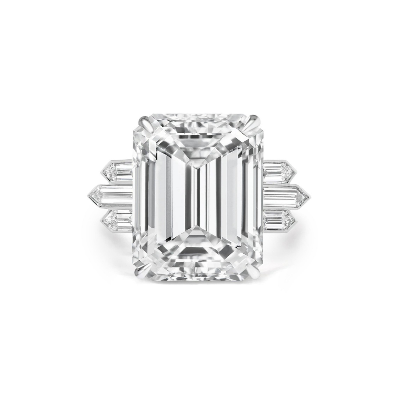 An Art Deco Large Emerald Cut Diamond Engagement Ring with Bezel Set Bullet Diamond Side Stones, set in a platinum band and showcased against a white background. This striking ring features a prominent emerald cut diamond accented by unique bezel set bullet-shaped side stones, capturing timeless elegance and sophistication.
