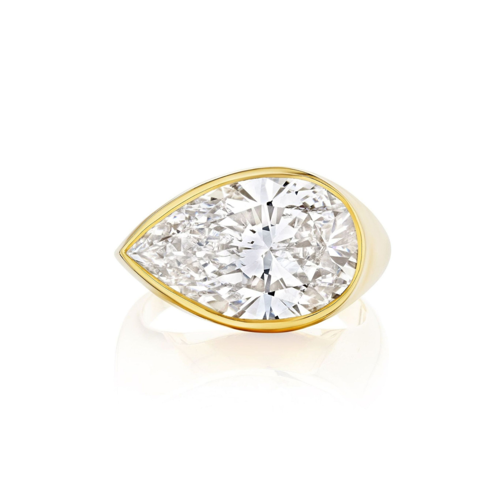 Presenting the East-West Bezel Set Pear Shape Diamond Ring in Yellow Gold, showcasing a striking pear shape diamond set securely in an elegant yellow gold bezel, beautifully highlighted against a white background.