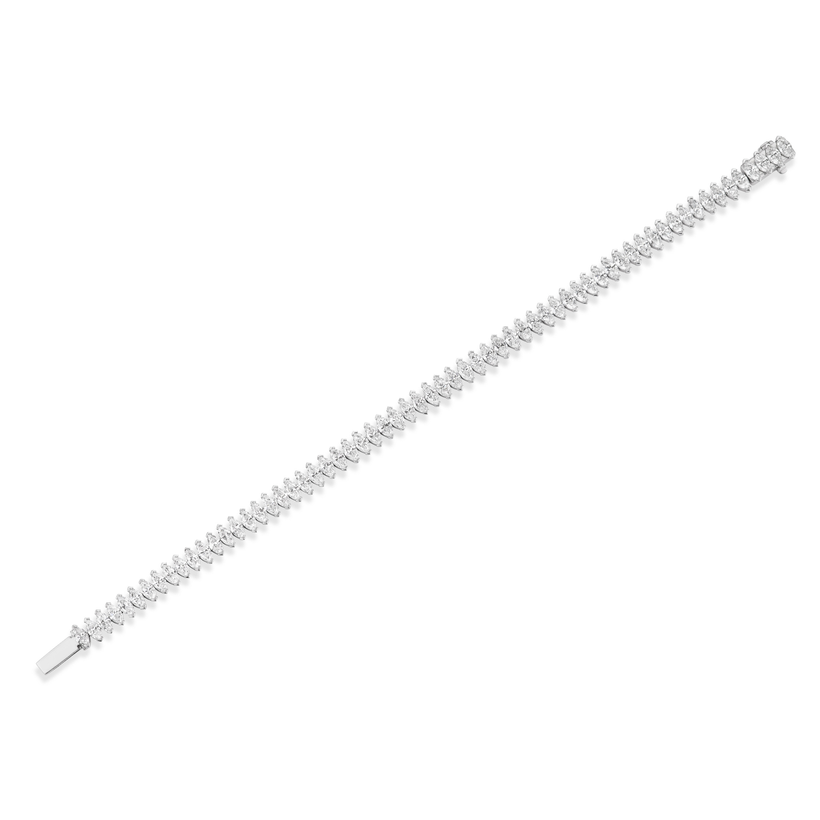 The North-South Set Diamond Marquise Tennis Bracelet in White Gold is a delicate and sophisticated bracelet, showcasing a single row of marquise-shaped diamonds set closely together in 18k white gold, displayed on a plain white background.
