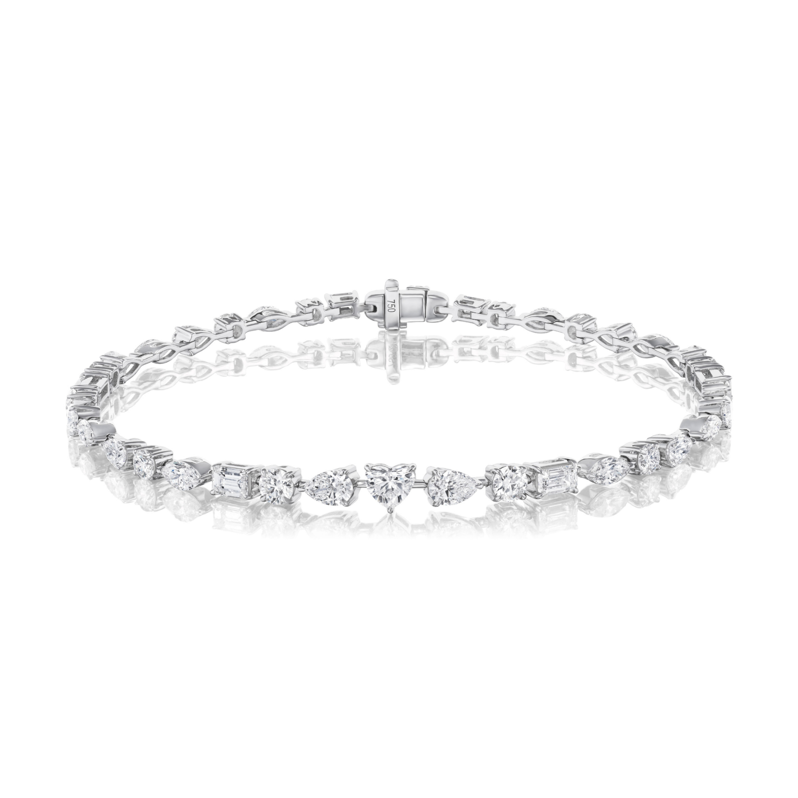 Showcased on a white background with a subtle reflection, the Heart Shape Centered Mixed Shape Prong Set Diamond Tennis Bracelet shines in your choice of 18k gold or platinum, featuring an array of diamond cuts accented by heart-shaped center stones.