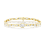 East-West Bezel Set Marquise and Baguette Diamond Tennis Bracelet in Yellow Gold, featuring marquise and baguette diamonds set horizontally in a row, displayed on a white background.
