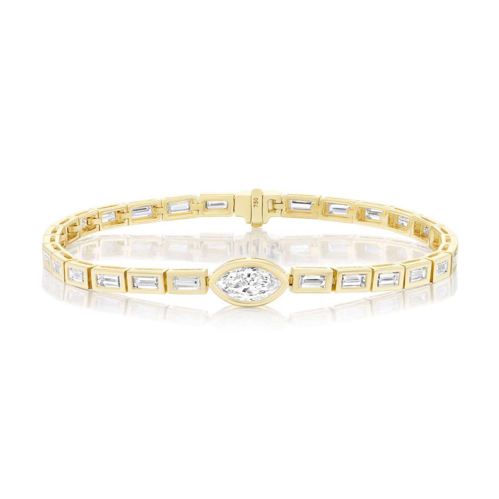 East-West Bezel Set Marquise and Baguette Diamond Tennis Bracelet in Yellow Gold, featuring marquise and baguette diamonds set horizontally in a row, displayed on a white background.