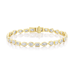 Introducing the East-West Bezel Set Mixed Shape Diamond Tennis Bracelet in Yellow Gold: a stunning 18k gold bracelet featuring alternating oval, round, and rectangular white diamonds in sleek bezel settings. Shown on a white background with a secure clasp, this mixed shape diamond tennis bracelet showcases timeless elegance and contemporary sophistication.