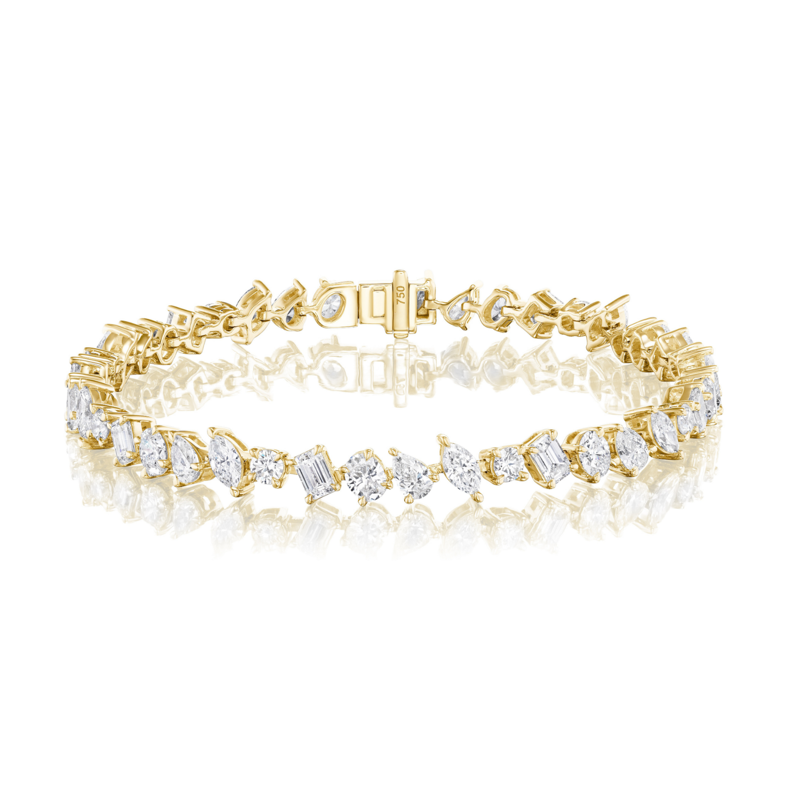 The Mixed Shape Diamond Tennis Bracelet is expertly crafted in 18k gold, showcasing a captivating pattern of oval and emerald-cut G-H color, SI+ clarity diamonds, beautifully arranged and presented on a pristine white reflective surface.