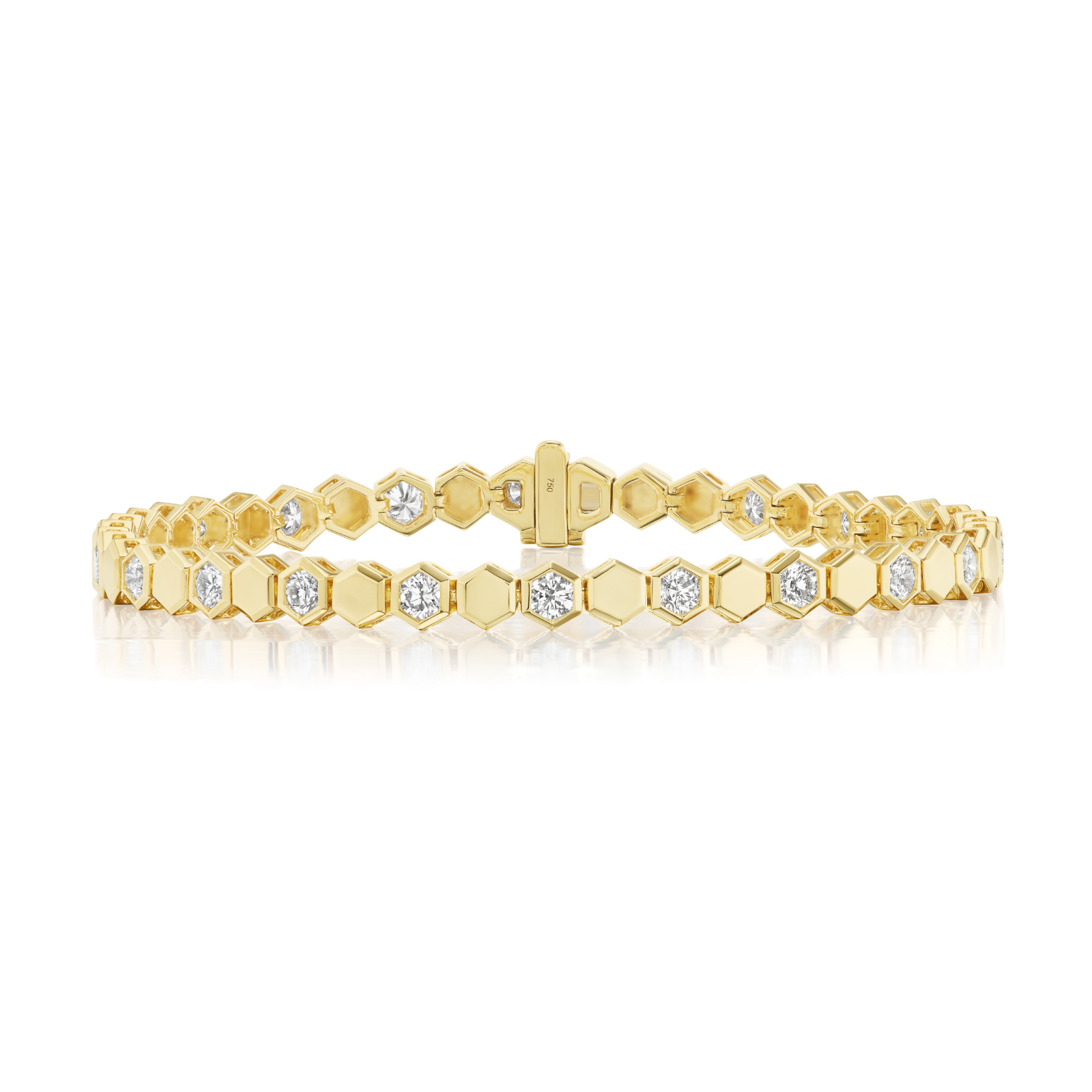 The Hexagon Bezel Set Alternating Round Diamond and Metal Tennis Bracelet in Yellow Gold features a honeycomb hexagon pattern, crafted in 18k yellow gold with alternating hexagons bezel set with round white diamonds, shown on a white background.