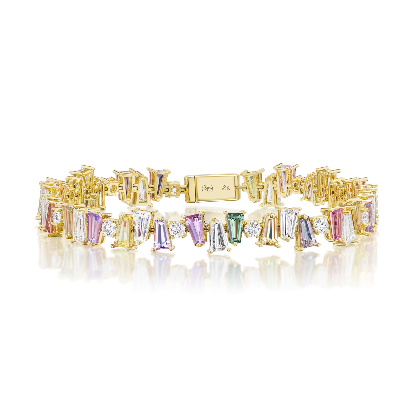 Introducing the Multicolor Shield Cut Sapphire and Round Diamond Bangle in Yellow Gold, featuring a double row of rectangular multicolored Shield Cut Sapphires and clear Round Diamonds, elegantly set in 18K Yellow Gold with a secure clasp.