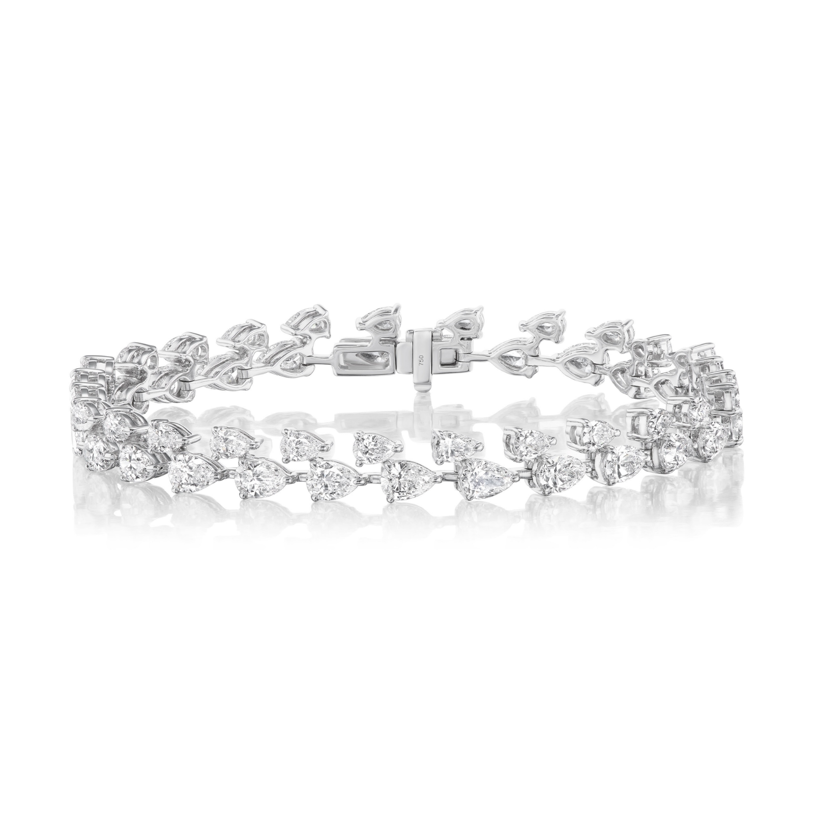 The Duo Pear Diamond Tennis Bracelet in White Gold is showcased on a white background, featuring two rows of pear-shaped diamonds set in a repeating pattern, reminiscent of a custom jewelry design.