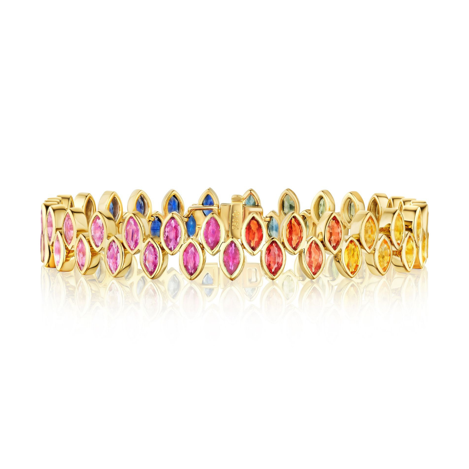The Chroma Marching Alternating Bezel Set Marquise Sapphire Tennis Bracelet in Yellow Gold is displayed on a white background, with reflections visible beneath it. Crafted in 18k yellow gold, this elegant bracelet showcases vibrant marquise sapphires and is part of the colorful Chroma collection.