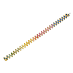 The Chroma Marching Alternating Bezel Set Marquise Sapphire Tennis Bracelet in Yellow Gold features vibrant marquise-cut sapphires arranged in a stunning gradient from blue and green to yellow, orange, pink, and purple, all elegantly set in 18k yellow gold for a breathtaking rainbow effect.