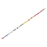 The Mixed Shape Multicolor Sapphire and Diamond Tennis Bracelet in Yellow Gold showcases a stunning array of multi-shaped, multicolor sapphires and diamonds arranged in a vibrant rainbow gradient, displayed on a white background.