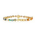 Introducing the Mixed Shape Multicolor Sapphire and Diamond Tennis Bracelet in Yellow Gold, featuring an array of sapphires and multicolor diamonds in various shapes and sizes, beautifully arranged in a continuous alternating pattern along the yellow gold band.