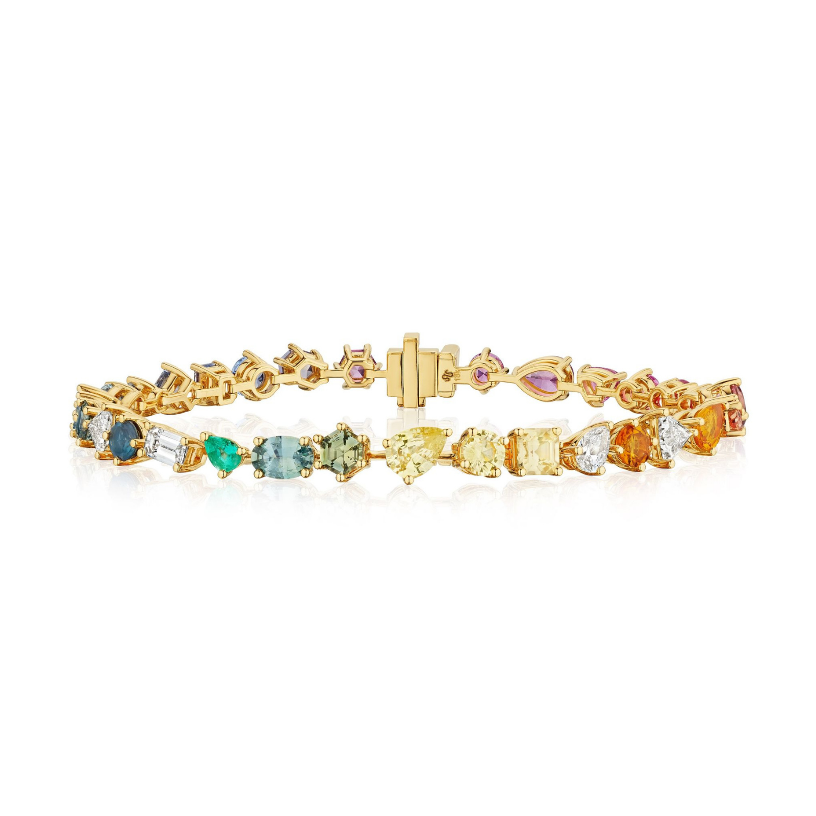 Introducing the Mixed Shape Multicolor Sapphire and Diamond Tennis Bracelet in Yellow Gold, featuring an array of sapphires and multicolor diamonds in various shapes and sizes, beautifully arranged in a continuous alternating pattern along the yellow gold band.