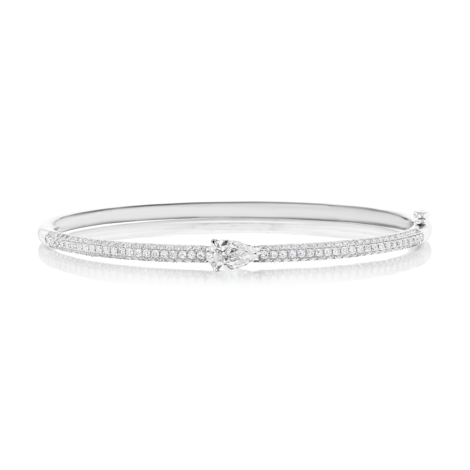 East-West Set Pear Shape Diamond Pavé Bangle featuring a central pear-shaped diamond and two rows of small sparkling pavé-set diamonds, displayed on a white background.