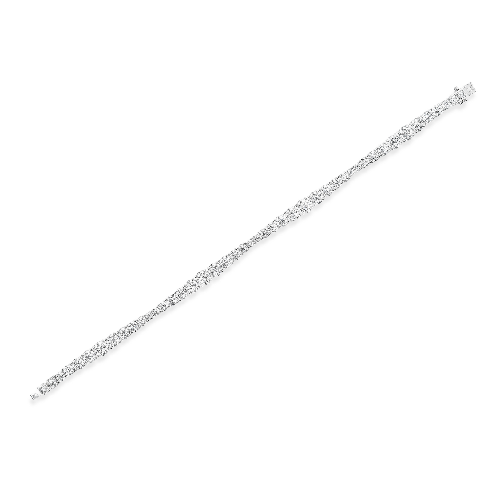 A Wave Graduated Round Diamond Tennis Bracelet in white gold, featuring a delicate, twisting design with small, sparkling round diamonds, is displayed against a plain white background.