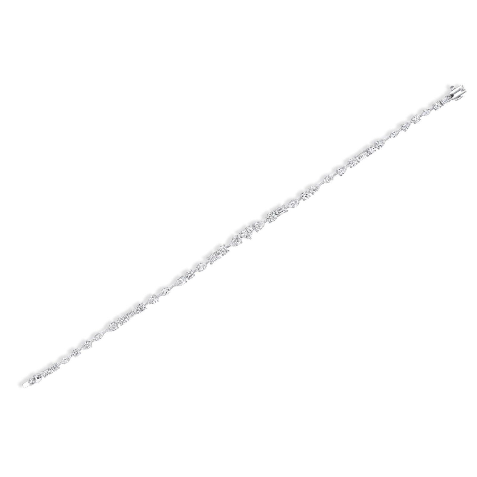 A slender, silver East-West Mixed Shape Tennis Bracelet featuring small, sparkling diamonds set at even intervals along its length, showcased against a white background.
