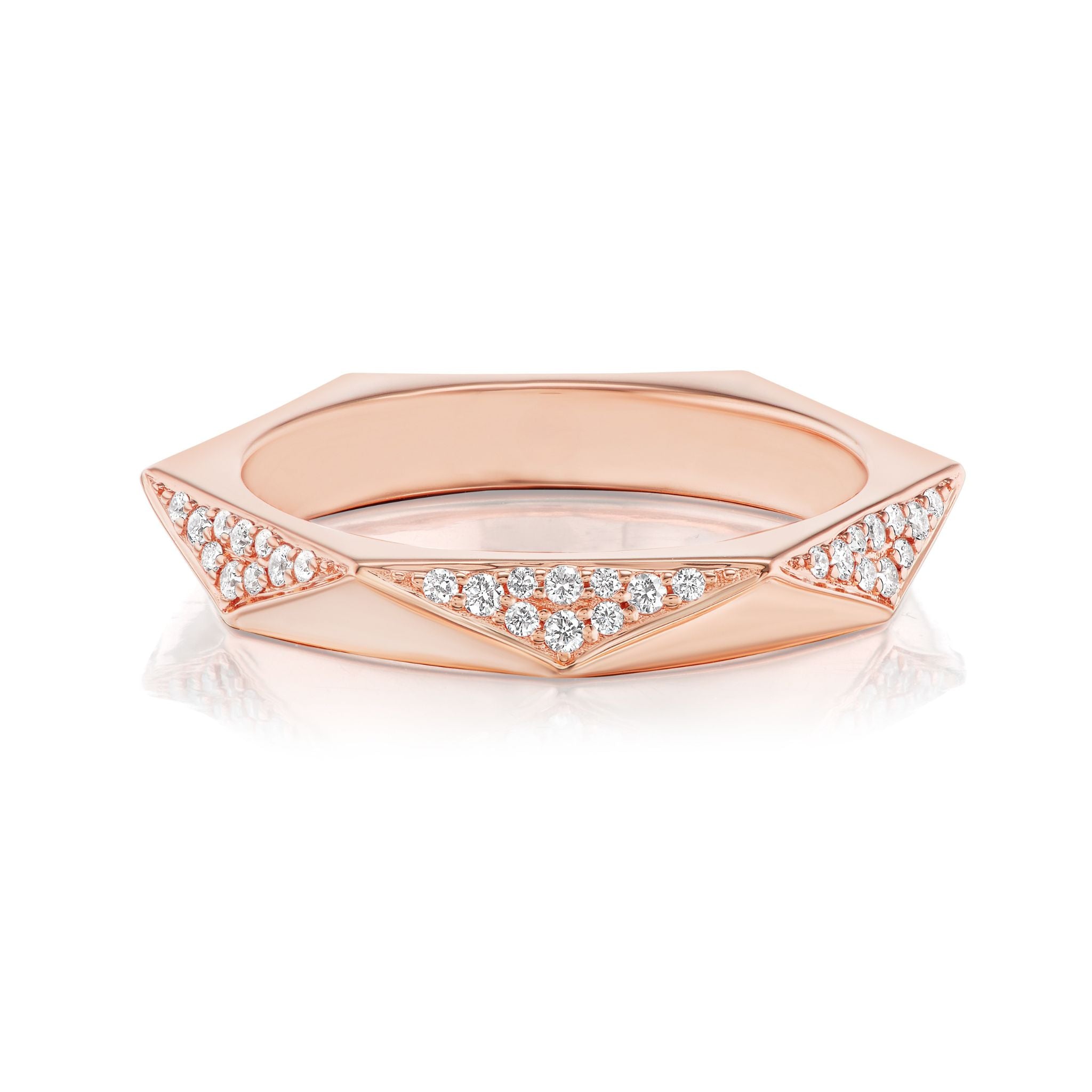The Triangular Geometric Pavé Band is an 18k rose gold ring with angular facets and pavé-set diamonds, shown against a white background.