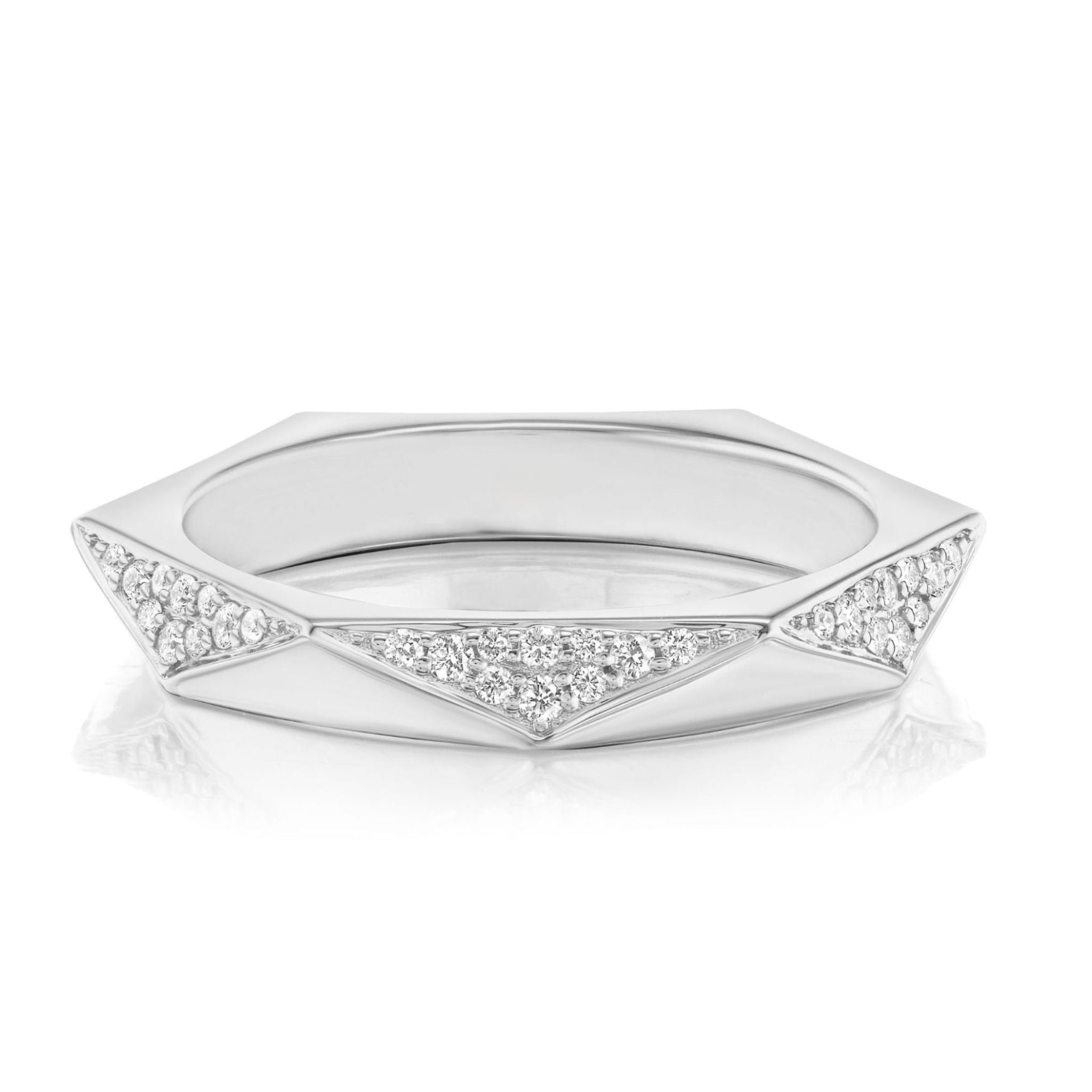 The Triangular Geometric Pavé Band features angular silver facets and a triangular pavé band set with SI clarity diamonds in a modern, sculpted design with a polished finish.